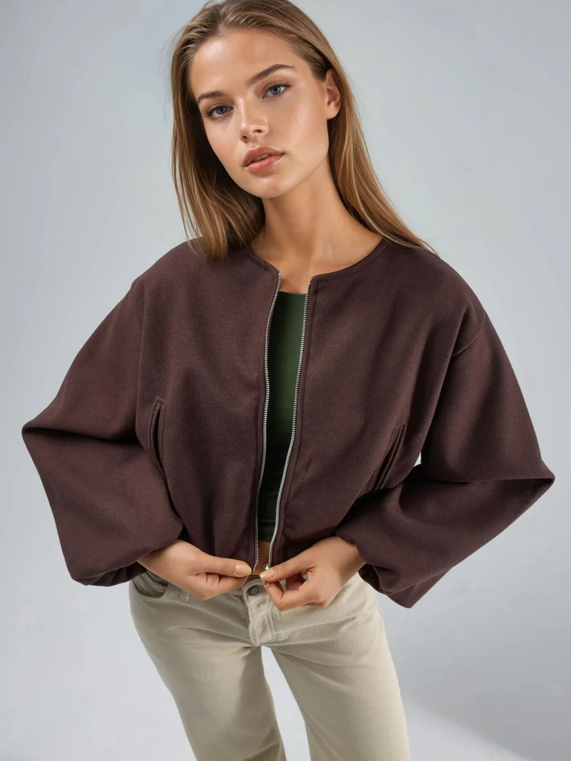 بوسيم BUSEM Crop Gabardine Jacket with Zipper and Pocket